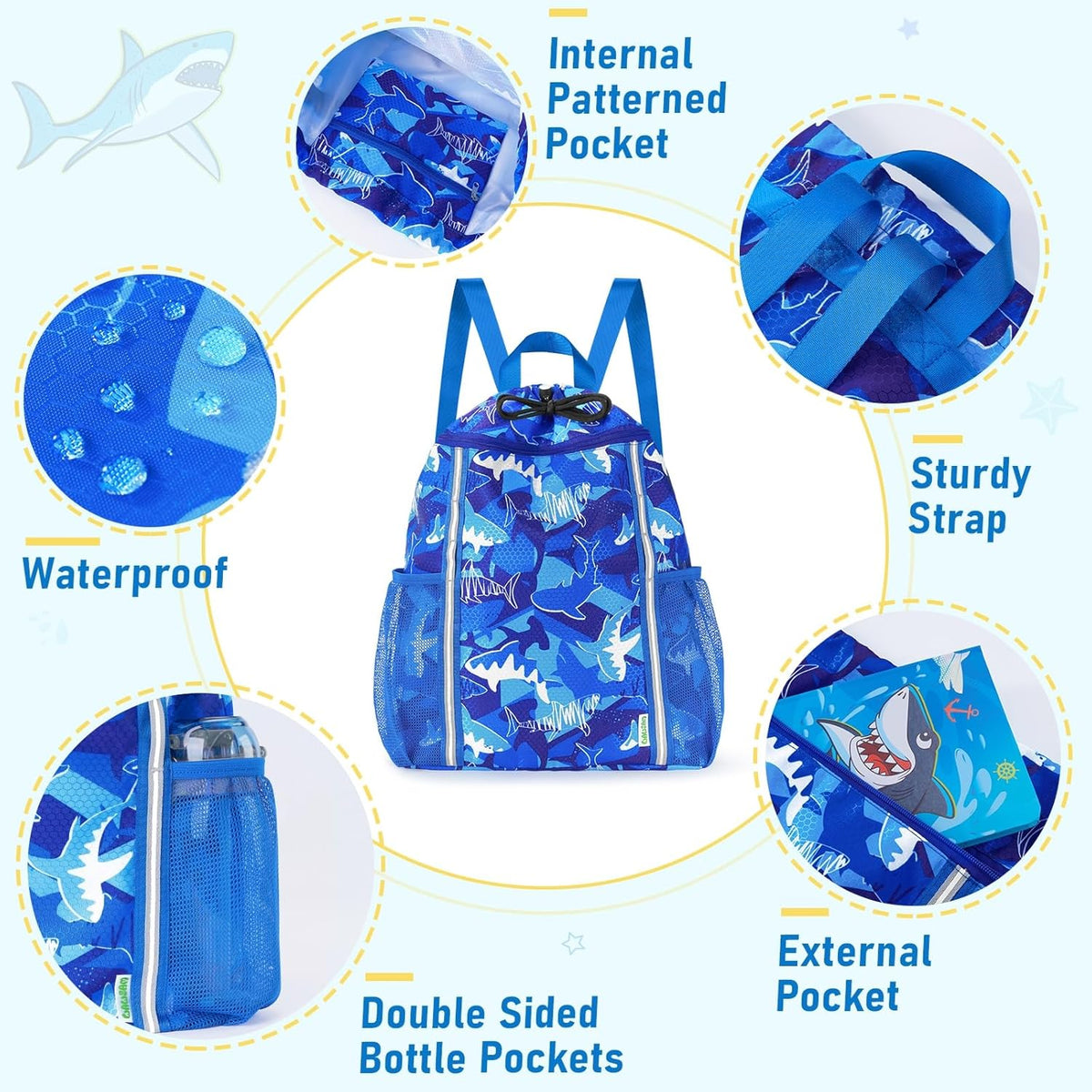 Kids Gym Drawstring Backpack String Bag, Shark Sports Gym Bag for Kids Boys Waterproof Swimming Beach String Cinch Backpack with Two Water Bottle Pocket