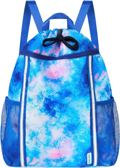Kids Gym Drawstring Backpack String Bag, Shark Sports Gym Bag for Kids Boys Waterproof Swimming Beach String Cinch Backpack with Two Water Bottle Pocket