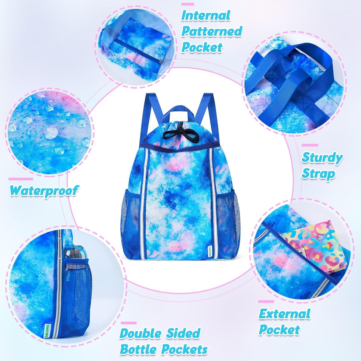 Kids Gym Drawstring Backpack String Bag, Shark Sports Gym Bag for Kids Boys Waterproof Swimming Beach String Cinch Backpack with Two Water Bottle Pocket