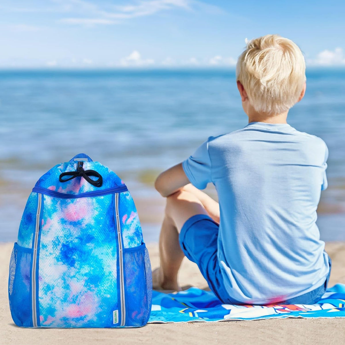 Kids Gym Drawstring Backpack String Bag, Shark Sports Gym Bag for Kids Boys Waterproof Swimming Beach String Cinch Backpack with Two Water Bottle Pocket