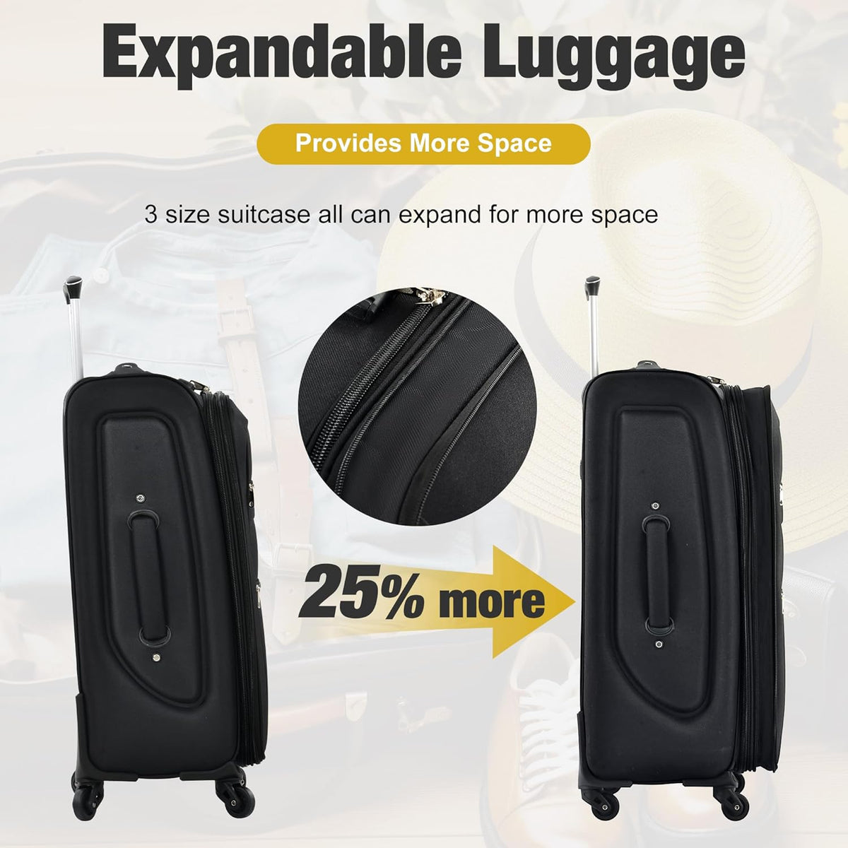 Softside Black Luggage Expandable 3 Piece Set – Lightweight Suitcase with TSA Lock & Spinner Wheels – Travel Set for Family Vacations, Business Trips (22/26/30 Inch)