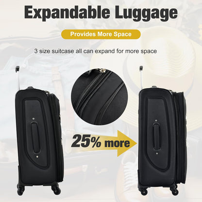 Softside Black Luggage Expandable 3 Piece Set – Lightweight Suitcase with TSA Lock & Spinner Wheels – Travel Set for Family Vacations, Business Trips (22/26/30 Inch)