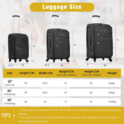 Softside Black Luggage Expandable 3 Piece Set – Lightweight Suitcase with TSA Lock & Spinner Wheels – Travel Set for Family Vacations, Business Trips (22/26/30 Inch)