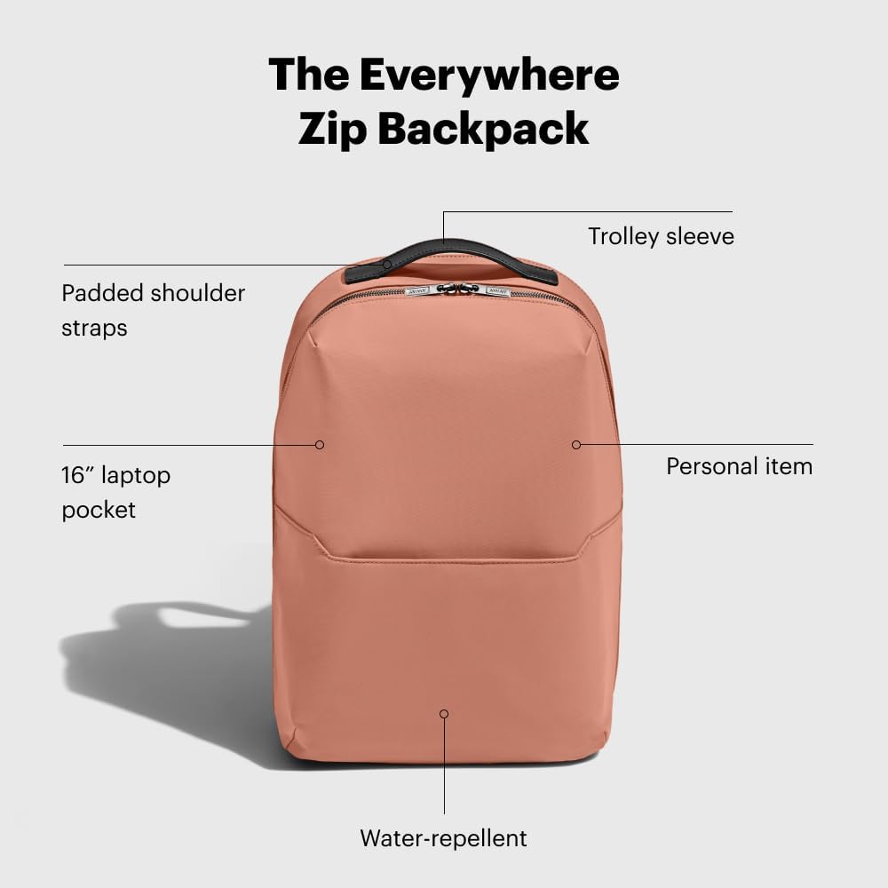The Everywhere Zip Backpack - Personal Item Airline Approved Backpack with 16” Padded Laptop Sleeve, Water Bottle Pocket, Interior and Exterior Pockets - Fits Up to 16-Inch Laptops - Clay Pink