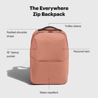 The Everywhere Zip Backpack - Personal Item Airline Approved Backpack with 16” Padded Laptop Sleeve, Water Bottle Pocket, Interior and Exterior Pockets - Fits Up to 16-Inch Laptops - Clay Pink