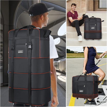 Travel bag with wheels, expandable, foldable, luggage bag, large capacity foldable rolling travel bag, suitable for men and women for moving house, studying abroad and traveling