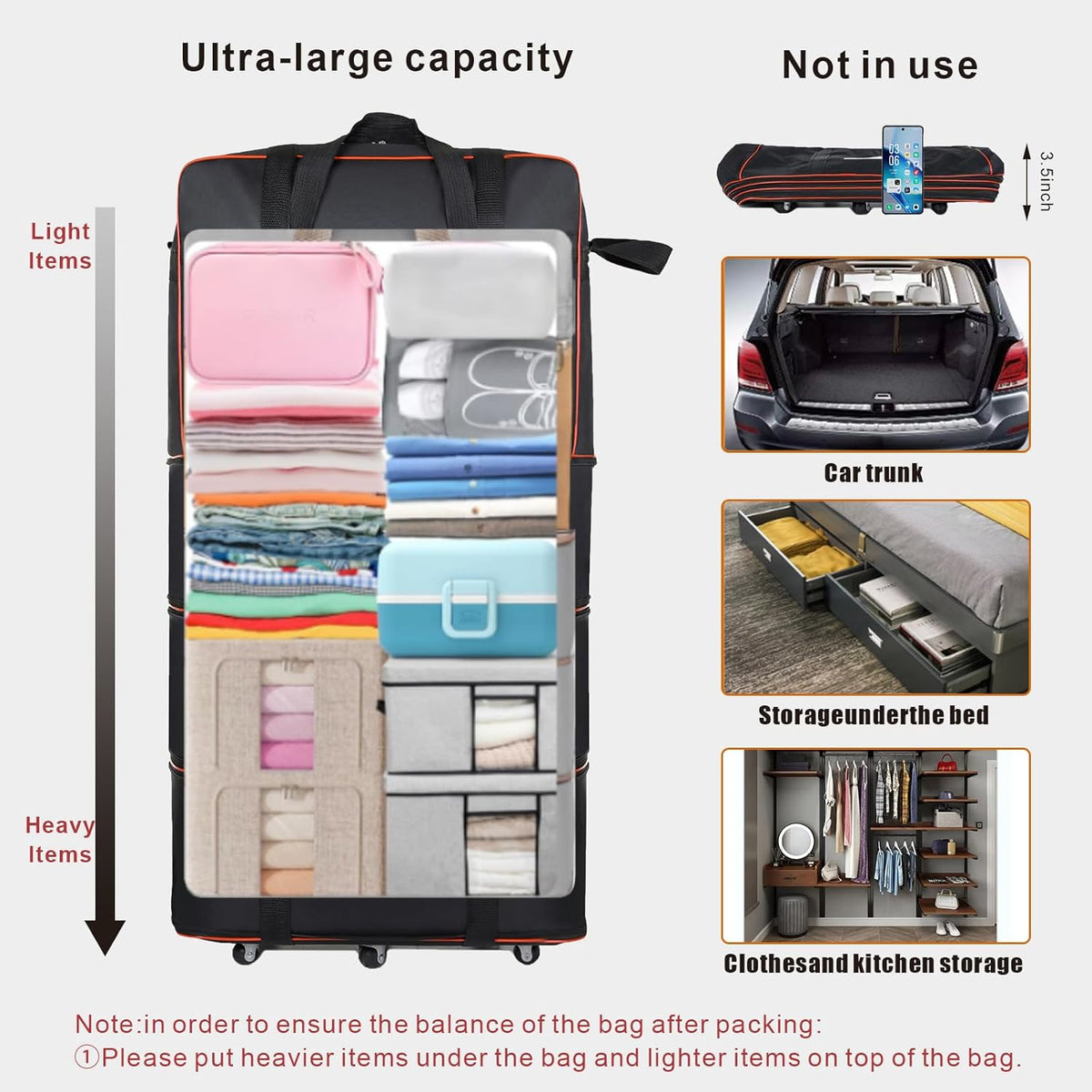 Travel bag with wheels, expandable, foldable, luggage bag, large capacity foldable rolling travel bag, suitable for men and women for moving house, studying abroad and traveling