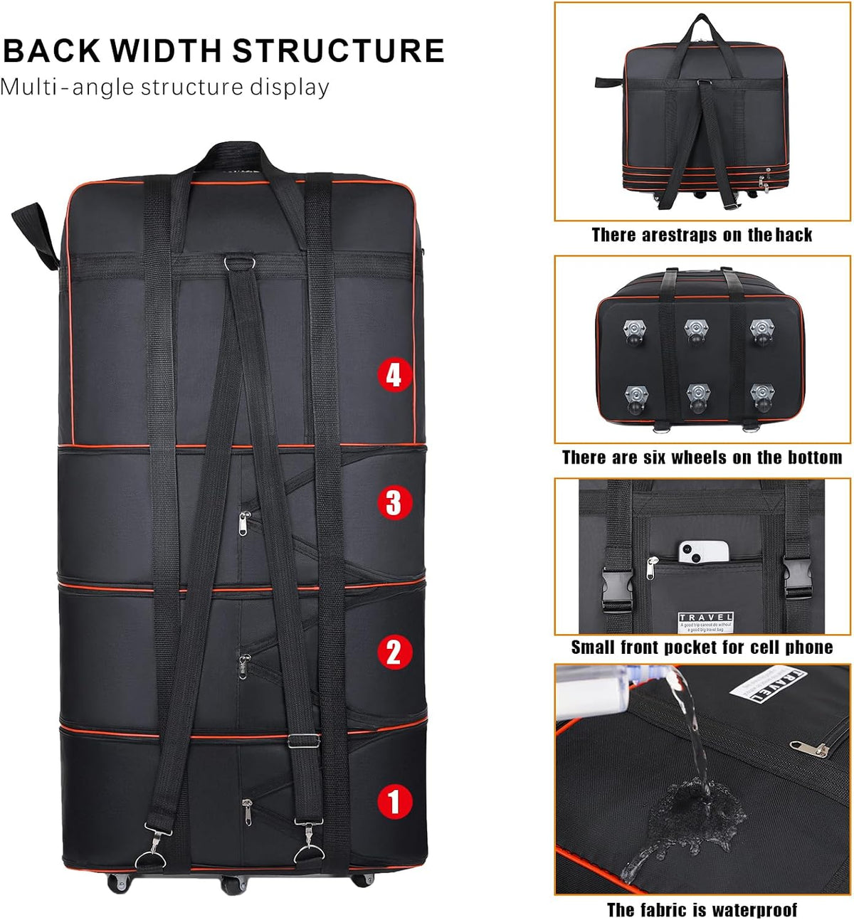 Travel bag with wheels, expandable, foldable, luggage bag, large capacity foldable rolling travel bag, suitable for men and women for moving house, studying abroad and traveling
