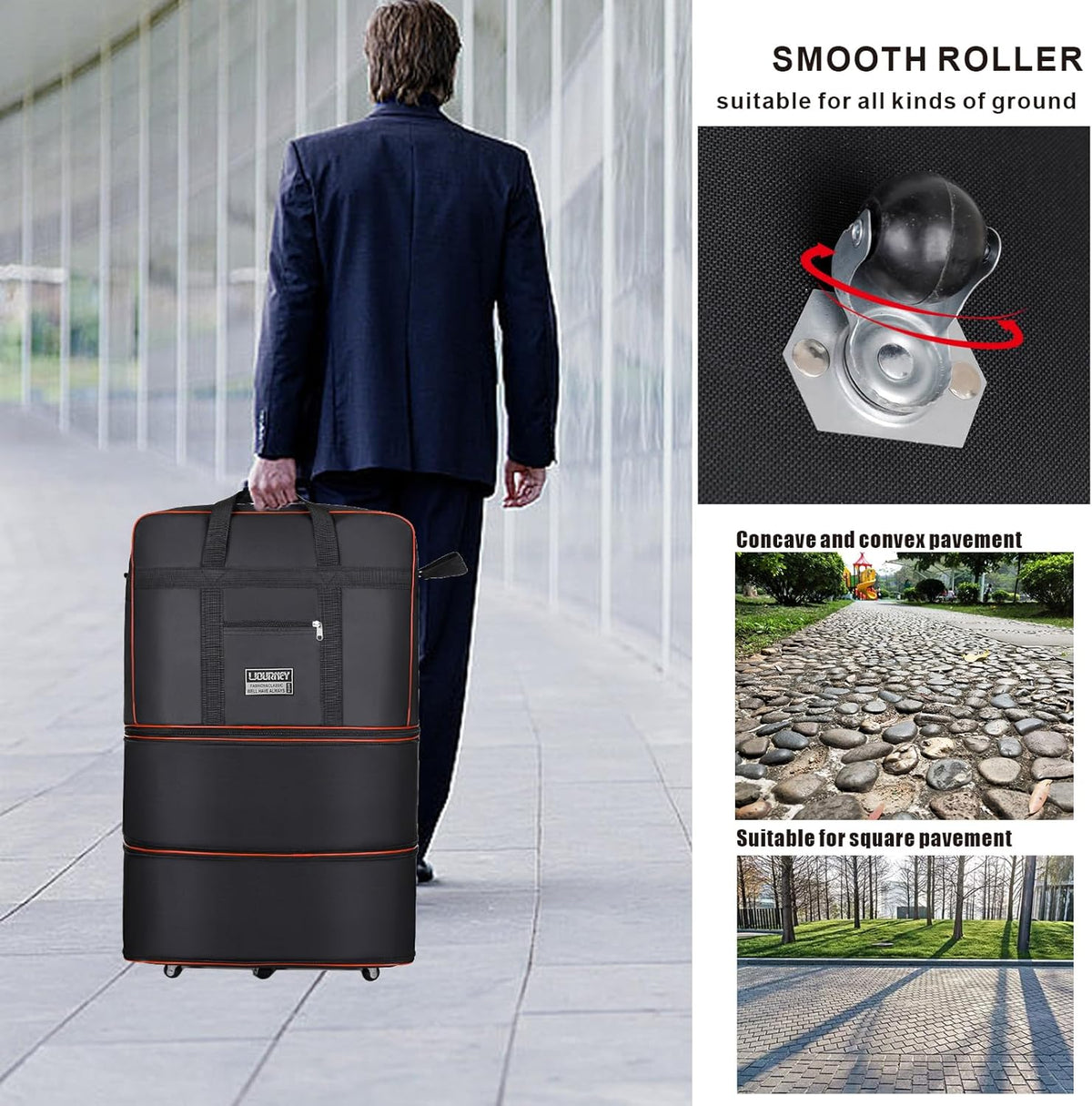 Travel bag with wheels, expandable, foldable, luggage bag, large capacity foldable rolling travel bag, suitable for men and women for moving house, studying abroad and traveling