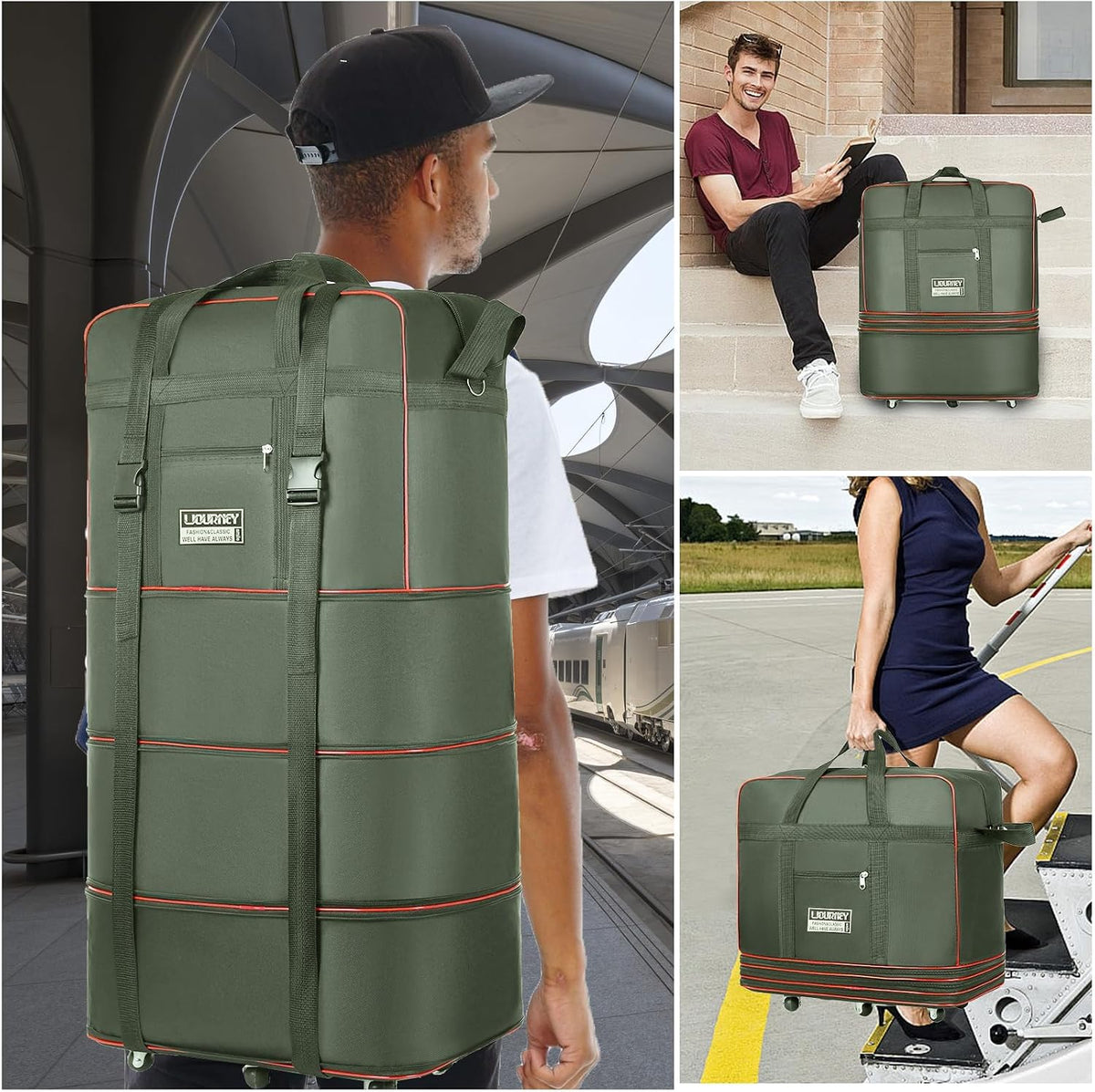 Travel bag with wheels, expandable, foldable, luggage bag, large capacity foldable rolling travel bag, suitable for men and women for moving house, studying abroad and traveling