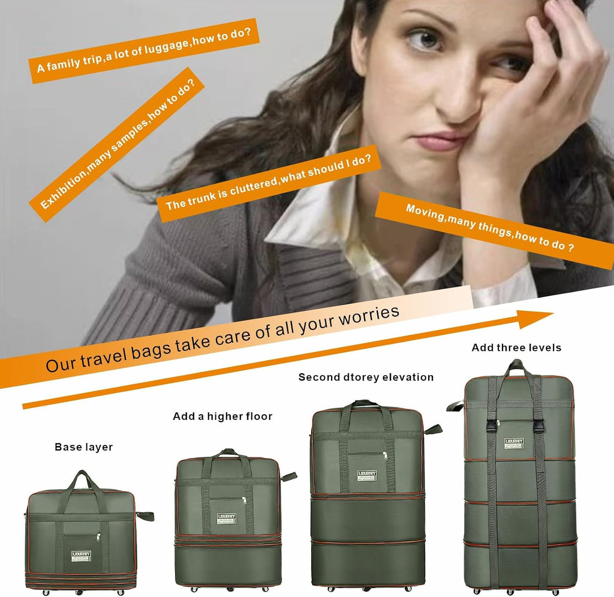 Travel bag with wheels, expandable, foldable, luggage bag, large capacity foldable rolling travel bag, suitable for men and women for moving house, studying abroad and traveling