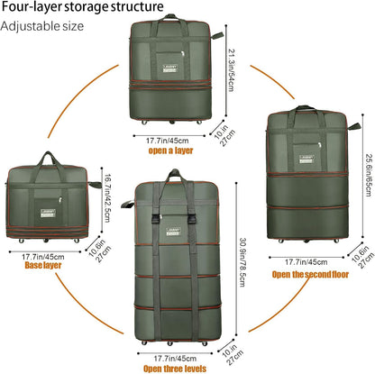 Travel bag with wheels, expandable, foldable, luggage bag, large capacity foldable rolling travel bag, suitable for men and women for moving house, studying abroad and traveling