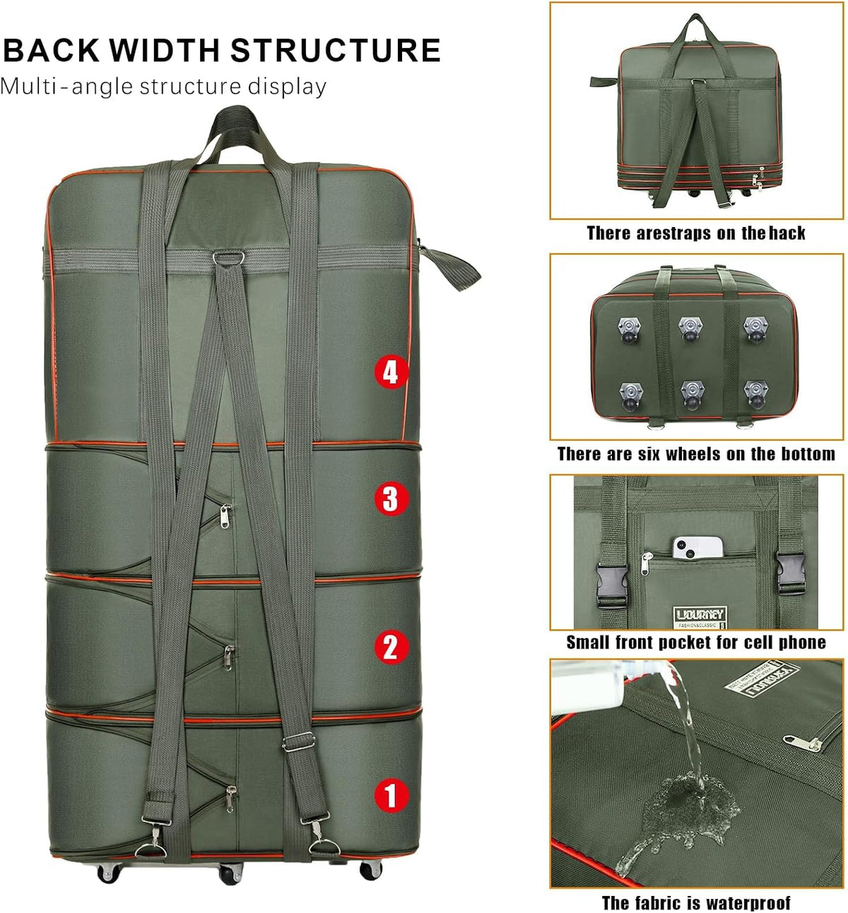 Travel bag with wheels, expandable, foldable, luggage bag, large capacity foldable rolling travel bag, suitable for men and women for moving house, studying abroad and traveling