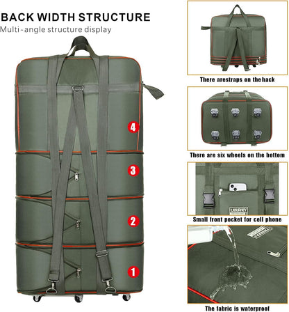 Travel bag with wheels, expandable, foldable, luggage bag, large capacity foldable rolling travel bag, suitable for men and women for moving house, studying abroad and traveling