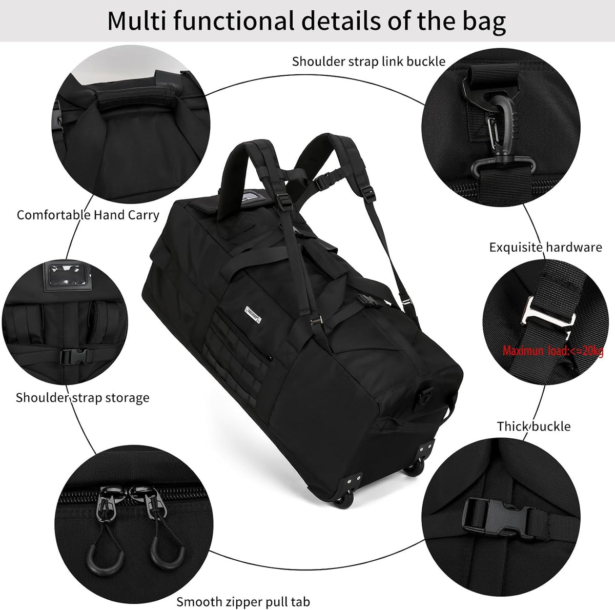 80L Travel Rolling Duffel Bag with wheels, Military Tactical Wheeled Foldable for Deployment Travel Camping Sports