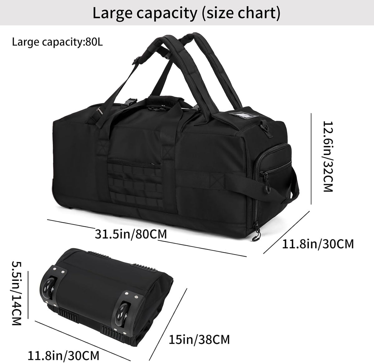 80L Travel Rolling Duffel Bag with wheels, Military Tactical Wheeled Foldable for Deployment Travel Camping Sports