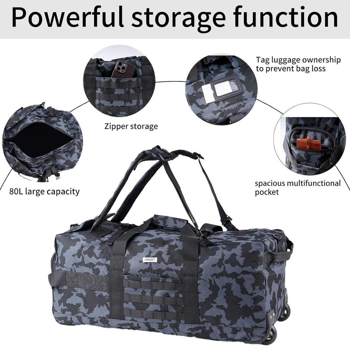 80L Travel Rolling Duffel Bag with wheels, Military Tactical Wheeled Foldable for Deployment Travel Camping Sports