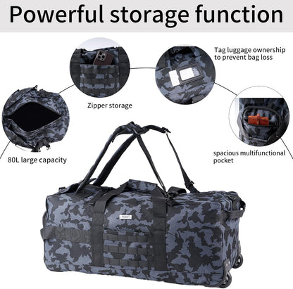 80L Travel Rolling Duffel Bag with wheels, Military Tactical Wheeled Foldable for Deployment Travel Camping Sports