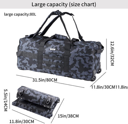 80L Travel Rolling Duffel Bag with wheels, Military Tactical Wheeled Foldable for Deployment Travel Camping Sports