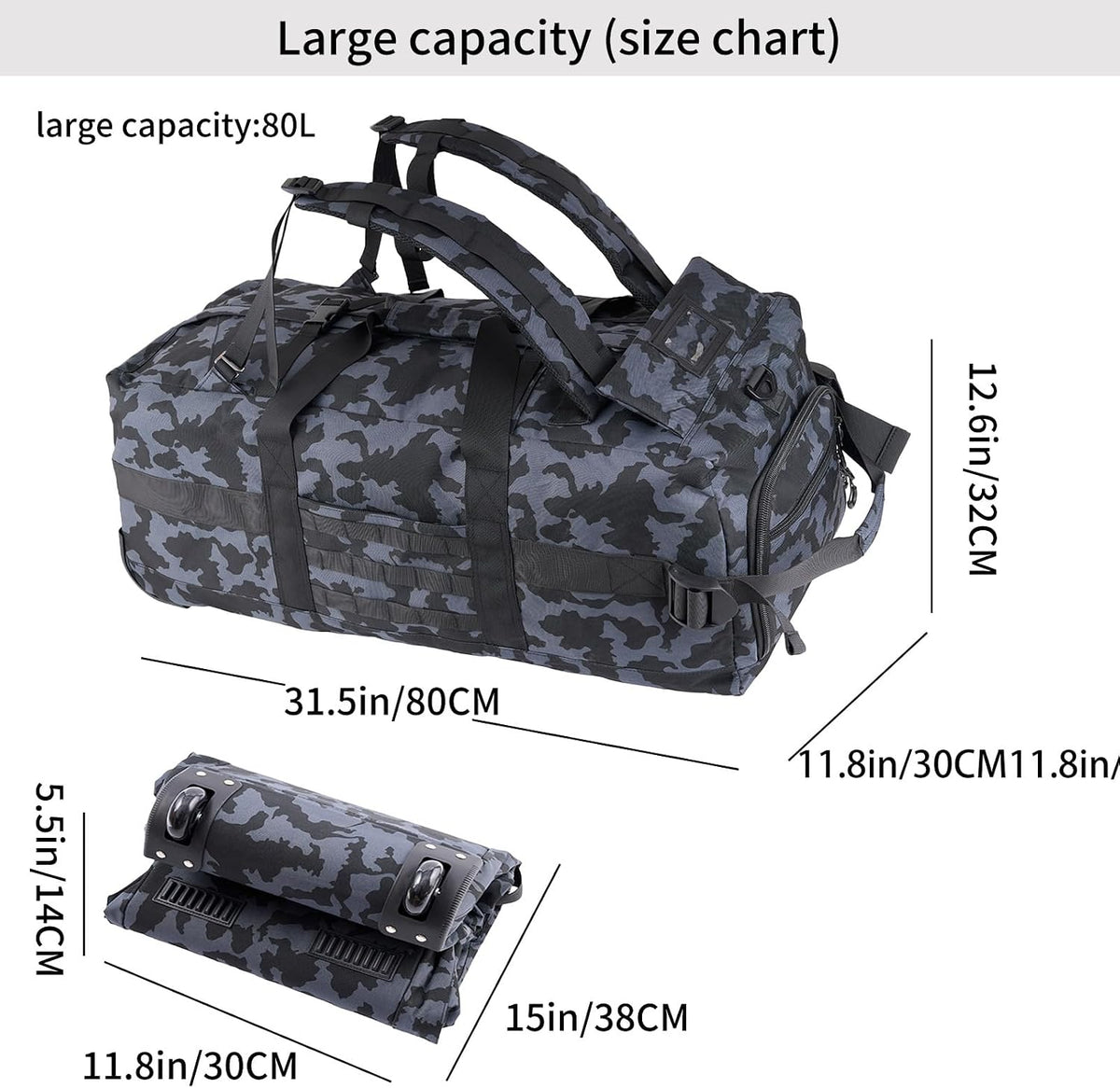 80L Travel Rolling Duffel Bag with wheels, Military Tactical Wheeled Foldable for Deployment Travel Camping Sports