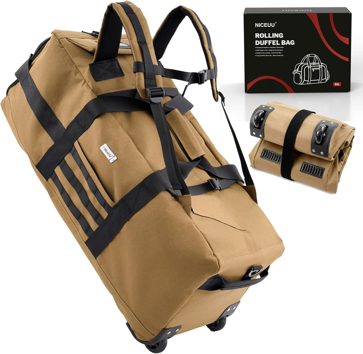 80L Travel Rolling Duffel Bag with wheels, Military Tactical Wheeled Foldable for Deployment Travel Camping Sports
