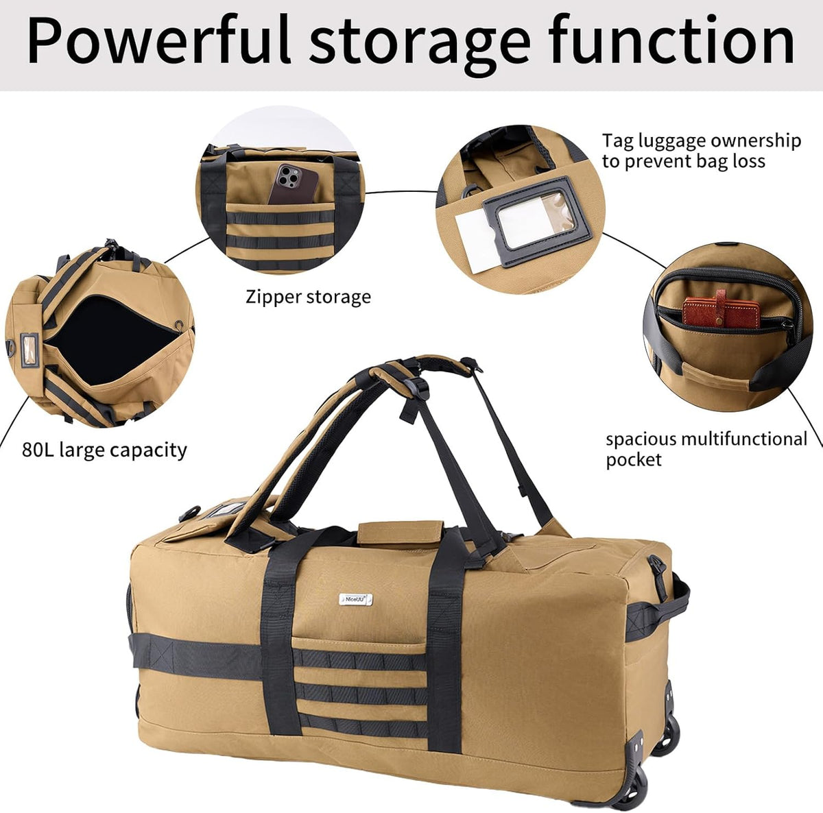 80L Travel Rolling Duffel Bag with wheels, Military Tactical Wheeled Foldable for Deployment Travel Camping Sports