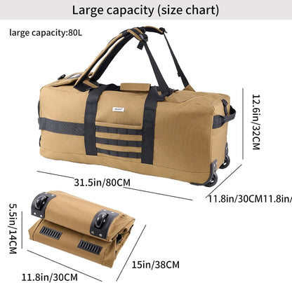 80L Travel Rolling Duffel Bag with wheels, Military Tactical Wheeled Foldable for Deployment Travel Camping Sports