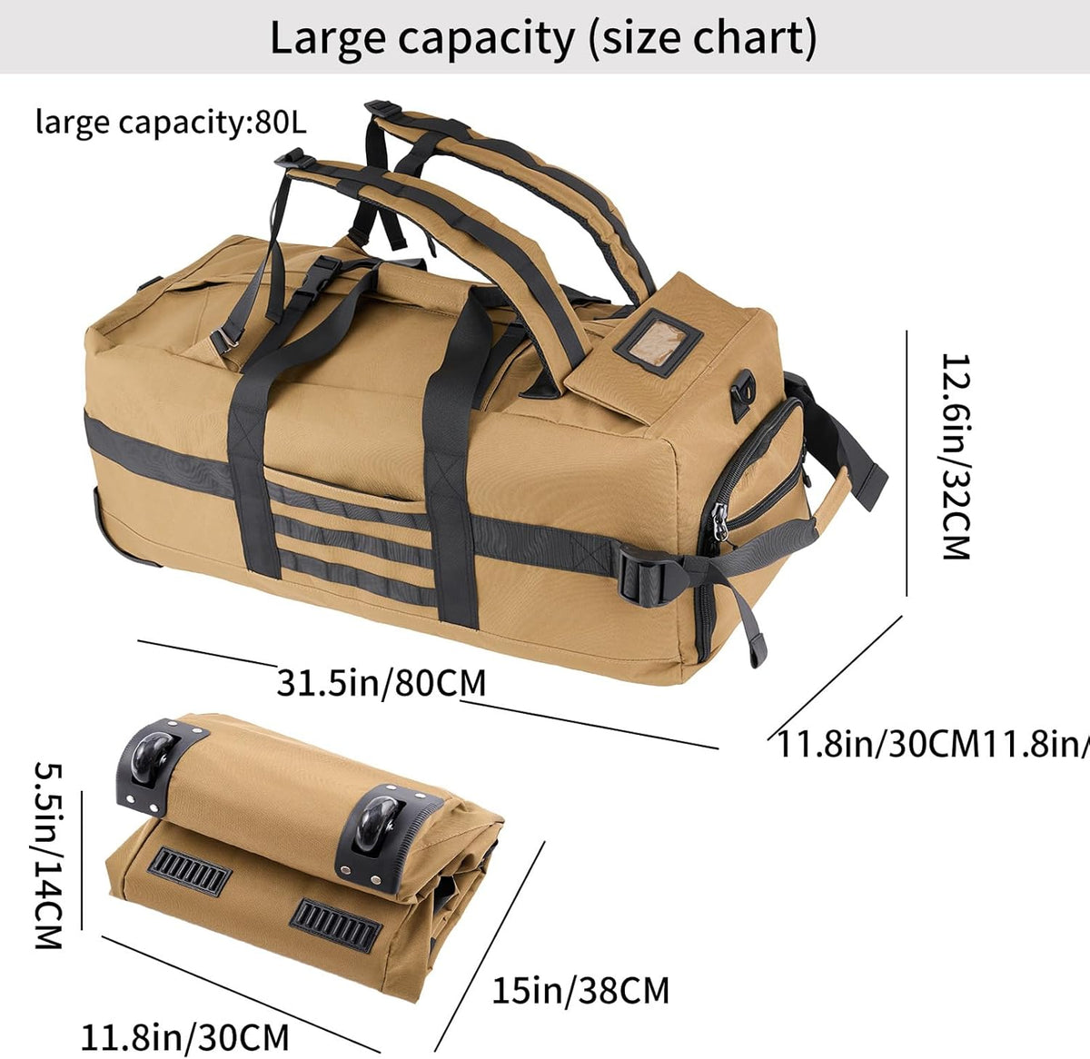 80L Travel Rolling Duffel Bag with wheels, Military Tactical Wheeled Foldable for Deployment Travel Camping Sports