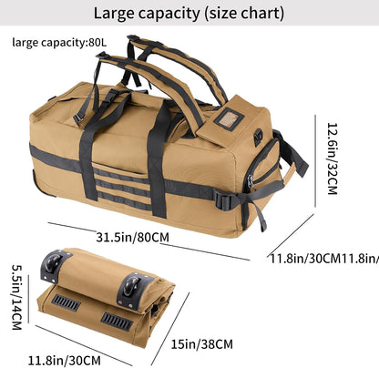 80L Travel Rolling Duffel Bag with wheels, Military Tactical Wheeled Foldable for Deployment Travel Camping Sports