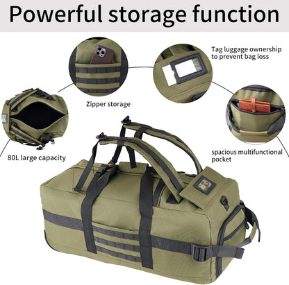 80L Travel Rolling Duffel Bag with wheels, Military Tactical Wheeled Foldable for Deployment Travel Camping Sports