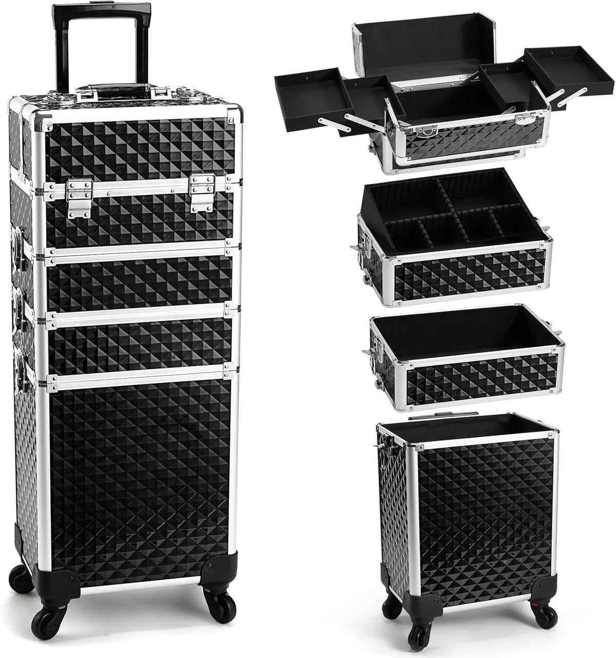 Rolling Makeup Train Case, 4-in-1 Cosmetology Case on Wheels, Nail Tech Cart for Travel, Professional Cosmetic Vanity Case, Suitcase for MUA/Manicure/Tattoo/Style, Lockable Storage Box, Black