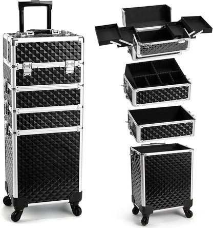 Rolling Makeup Train Case, 4-in-1 Cosmetology Case on Wheels, Nail Tech Cart for Travel, Professional Cosmetic Vanity Case, Suitcase for MUA/Manicure/Tattoo/Style, Lockable Storage Box, Black