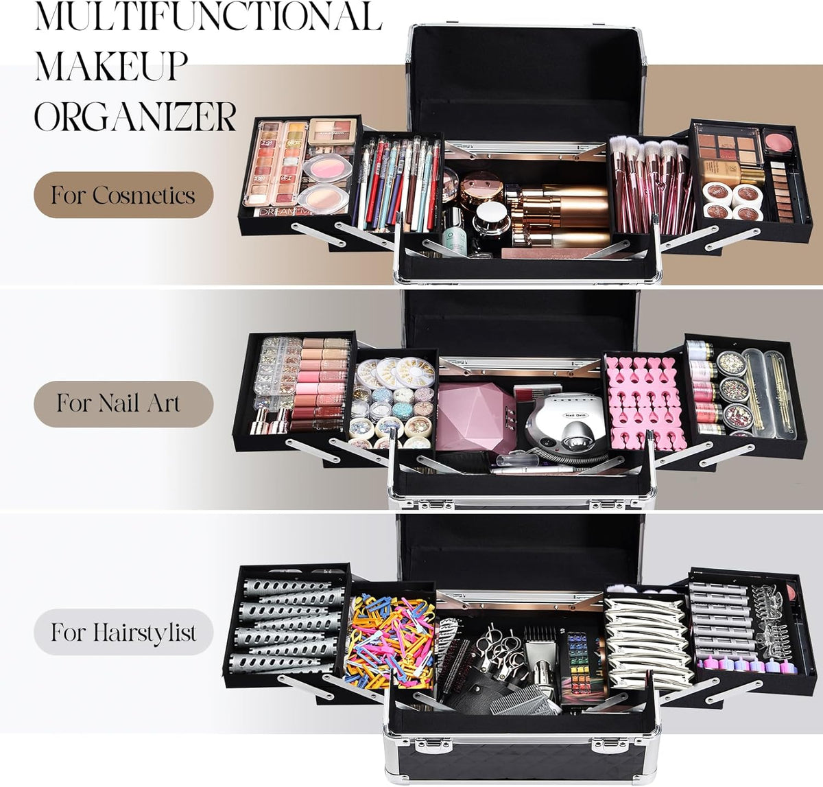 Rolling Makeup Train Case, 4-in-1 Cosmetology Case on Wheels, Nail Tech Cart for Travel, Professional Cosmetic Vanity Case, Suitcase for MUA/Manicure/Tattoo/Style, Lockable Storage Box, Black