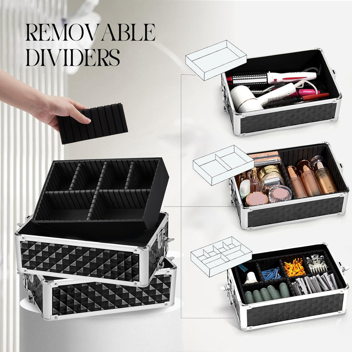 Rolling Makeup Train Case, 4-in-1 Cosmetology Case on Wheels, Nail Tech Cart for Travel, Professional Cosmetic Vanity Case, Suitcase for MUA/Manicure/Tattoo/Style, Lockable Storage Box, Black