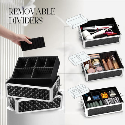 Rolling Makeup Train Case, 4-in-1 Cosmetology Case on Wheels, Nail Tech Cart for Travel, Professional Cosmetic Vanity Case, Suitcase for MUA/Manicure/Tattoo/Style, Lockable Storage Box, Black