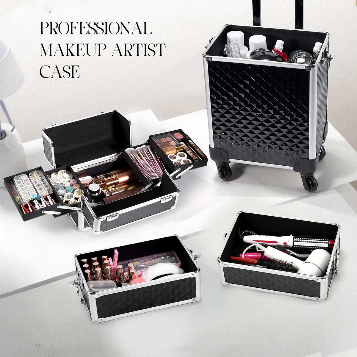 Rolling Makeup Train Case, 4-in-1 Cosmetology Case on Wheels, Nail Tech Cart for Travel, Professional Cosmetic Vanity Case, Suitcase for MUA/Manicure/Tattoo/Style, Lockable Storage Box, Black