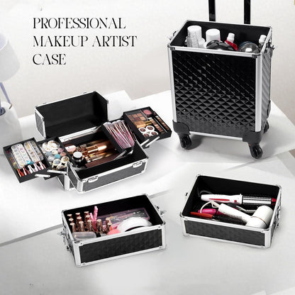 Rolling Makeup Train Case, 4-in-1 Cosmetology Case on Wheels, Nail Tech Cart for Travel, Professional Cosmetic Vanity Case, Suitcase for MUA/Manicure/Tattoo/Style, Lockable Storage Box, Black
