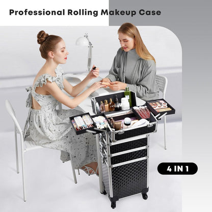 Rolling Makeup Train Case, 4-in-1 Cosmetology Case on Wheels, Nail Tech Cart for Travel, Professional Cosmetic Vanity Case, Suitcase for MUA/Manicure/Tattoo/Style, Lockable Storage Box, Black