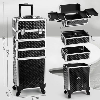 Rolling Makeup Train Case, 4-in-1 Cosmetology Case on Wheels, Nail Tech Cart for Travel, Professional Cosmetic Vanity Case, Suitcase for MUA/Manicure/Tattoo/Style, Lockable Storage Box, Black