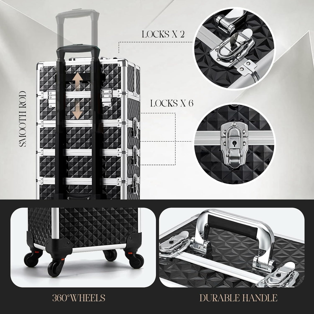 Rolling Makeup Train Case, 4-in-1 Cosmetology Case on Wheels, Nail Tech Cart for Travel, Professional Cosmetic Vanity Case, Suitcase for MUA/Manicure/Tattoo/Style, Lockable Storage Box, Black
