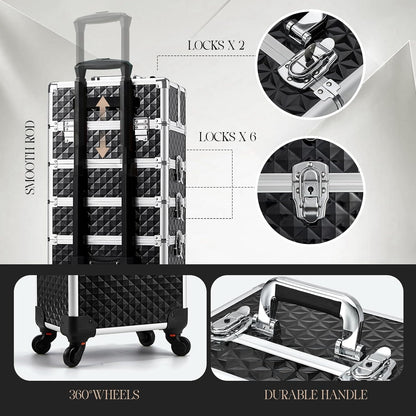 Rolling Makeup Train Case, 4-in-1 Cosmetology Case on Wheels, Nail Tech Cart for Travel, Professional Cosmetic Vanity Case, Suitcase for MUA/Manicure/Tattoo/Style, Lockable Storage Box, Black
