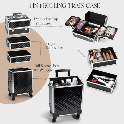 Rolling Makeup Train Case, 4-in-1 Cosmetology Case on Wheels, Nail Tech Cart for Travel, Professional Cosmetic Vanity Case, Suitcase for MUA/Manicure/Tattoo/Style, Lockable Storage Box, Black