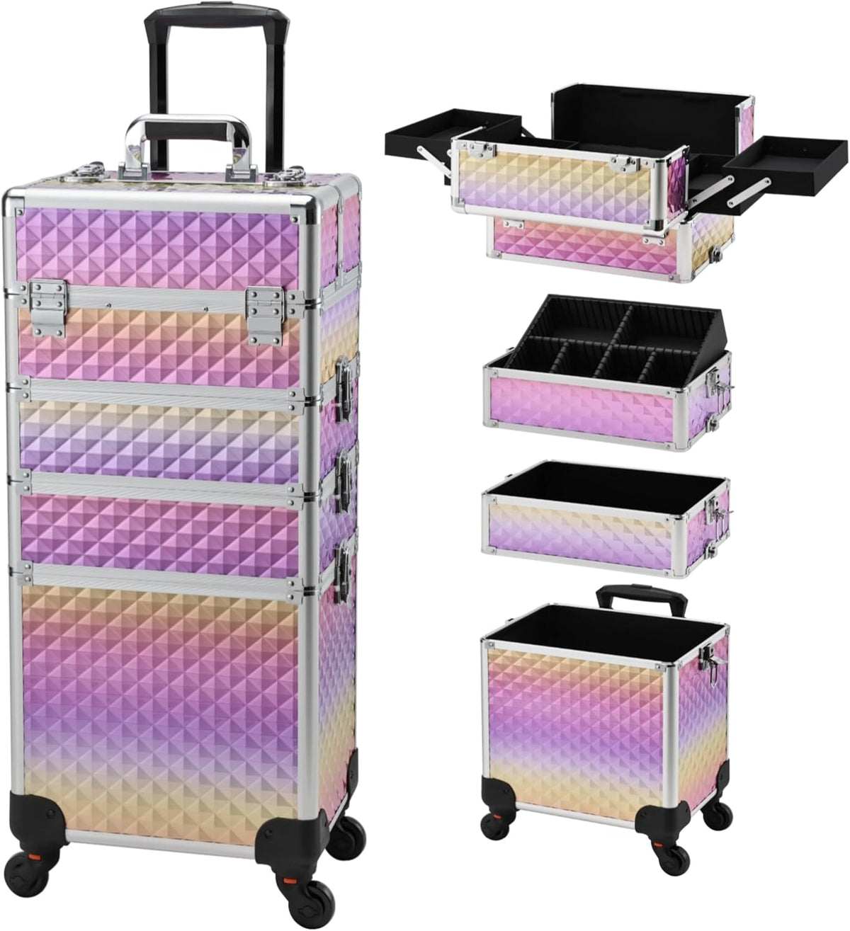 Rolling Makeup Train Case, 4-in-1 Cosmetology Case on Wheels, Nail Tech Cart for Travel, Professional Cosmetic Vanity Case, Suitcase for MUA/Manicure/Tattoo/Style, Lockable Storage Box, Black