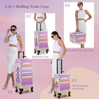 Rolling Makeup Train Case, 4-in-1 Cosmetology Case on Wheels, Nail Tech Cart for Travel, Professional Cosmetic Vanity Case, Suitcase for MUA/Manicure/Tattoo/Style, Lockable Storage Box, Black