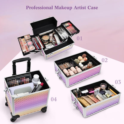 Rolling Makeup Train Case, 4-in-1 Cosmetology Case on Wheels, Nail Tech Cart for Travel, Professional Cosmetic Vanity Case, Suitcase for MUA/Manicure/Tattoo/Style, Lockable Storage Box, Black