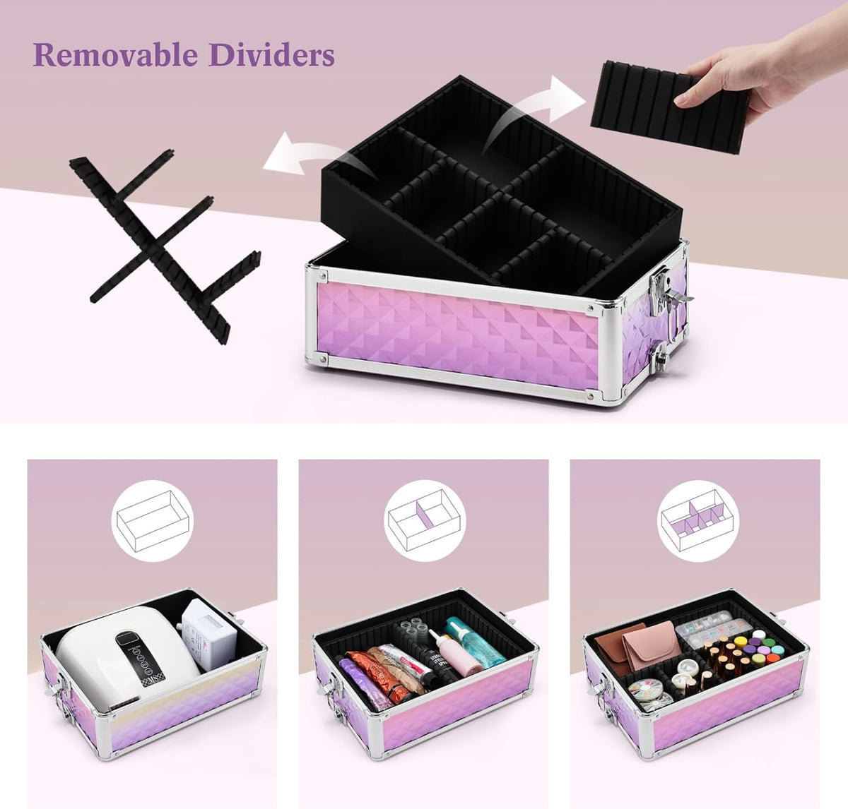 Rolling Makeup Train Case, 4-in-1 Cosmetology Case on Wheels, Nail Tech Cart for Travel, Professional Cosmetic Vanity Case, Suitcase for MUA/Manicure/Tattoo/Style, Lockable Storage Box, Black