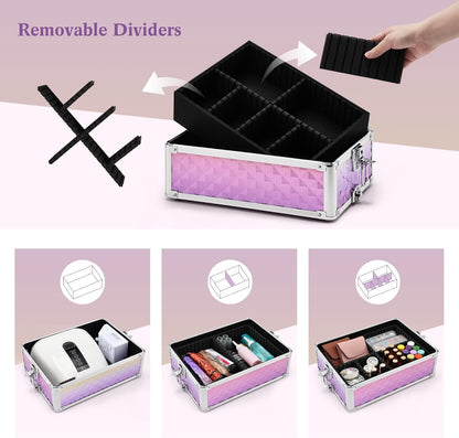 Rolling Makeup Train Case, 4-in-1 Cosmetology Case on Wheels, Nail Tech Cart for Travel, Professional Cosmetic Vanity Case, Suitcase for MUA/Manicure/Tattoo/Style, Lockable Storage Box, Black