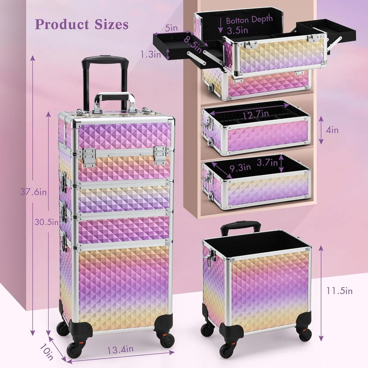 Rolling Makeup Train Case, 4-in-1 Cosmetology Case on Wheels, Nail Tech Cart for Travel, Professional Cosmetic Vanity Case, Suitcase for MUA/Manicure/Tattoo/Style, Lockable Storage Box, Black