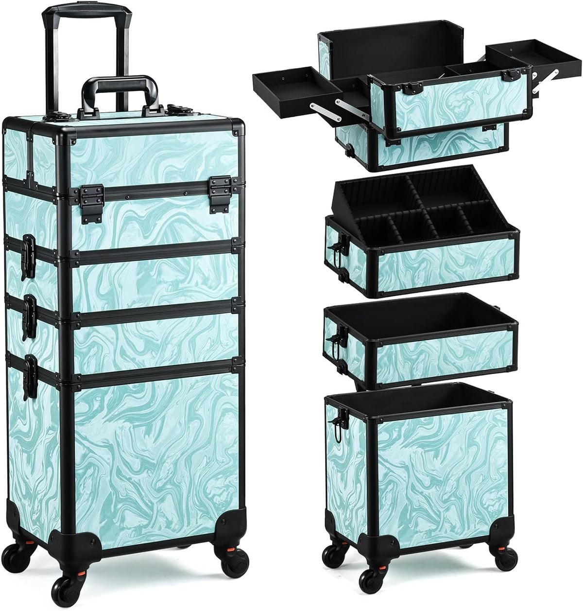 Rolling Makeup Train Case, 4-in-1 Cosmetology Case on Wheels, Nail Tech Cart for Travel, Professional Cosmetic Vanity Case, Suitcase for MUA/Manicure/Tattoo/Style, Lockable Storage Box, Black