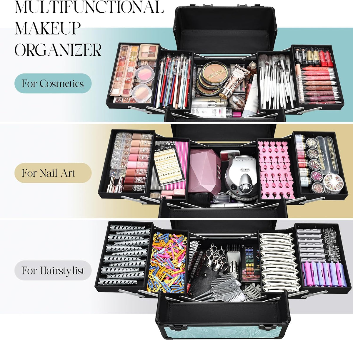 Rolling Makeup Train Case, 4-in-1 Cosmetology Case on Wheels, Nail Tech Cart for Travel, Professional Cosmetic Vanity Case, Suitcase for MUA/Manicure/Tattoo/Style, Lockable Storage Box, Black